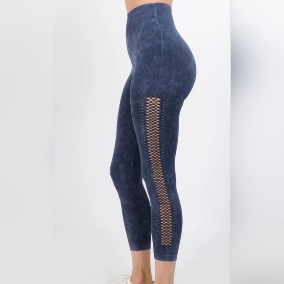 Yelete Pants - NEW vintage wash dye laser cut yoga capri leggings navy blue large m/l
